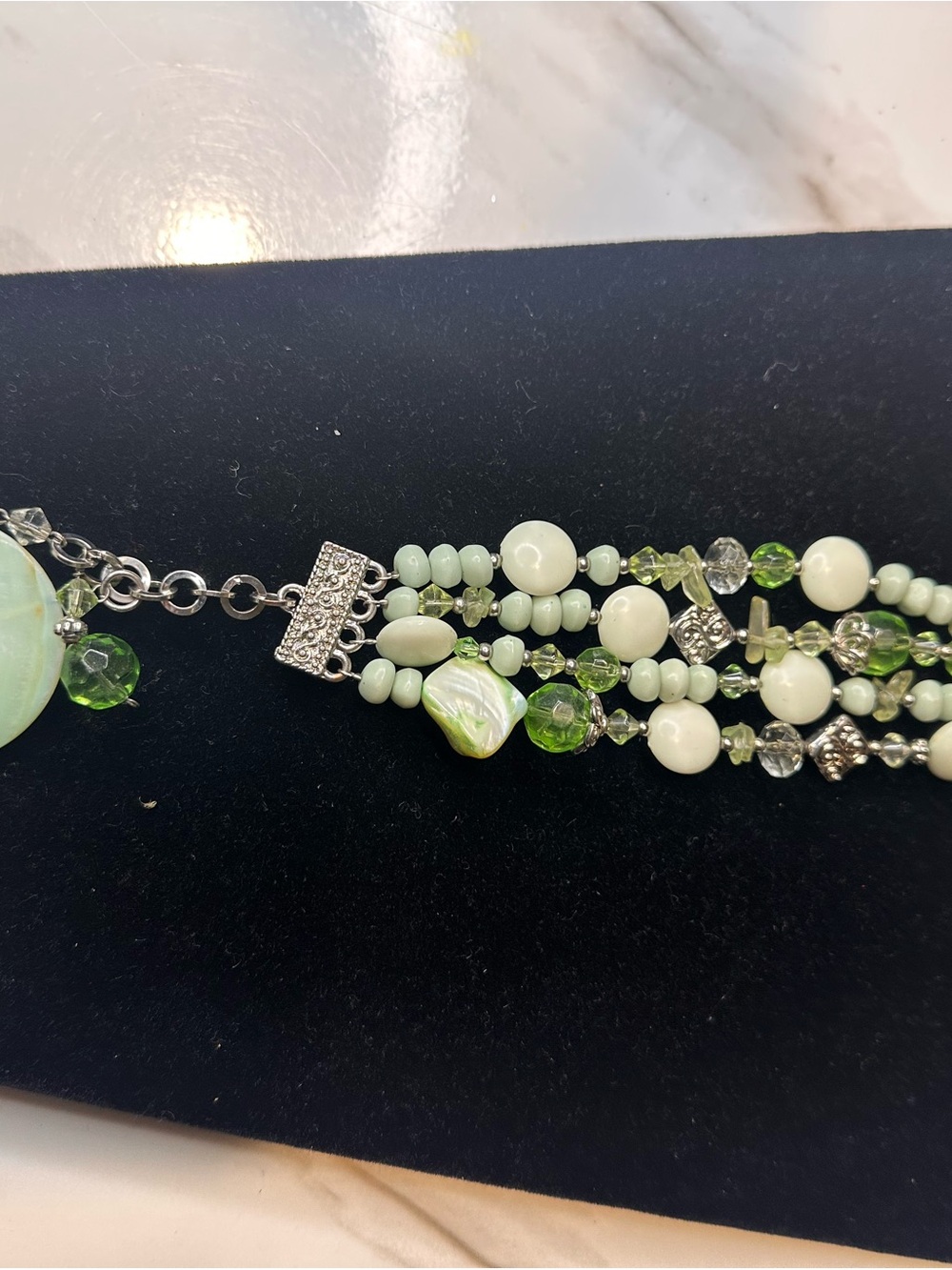 Layered Pale Green & White Beaded Bracelet with Silver Accents